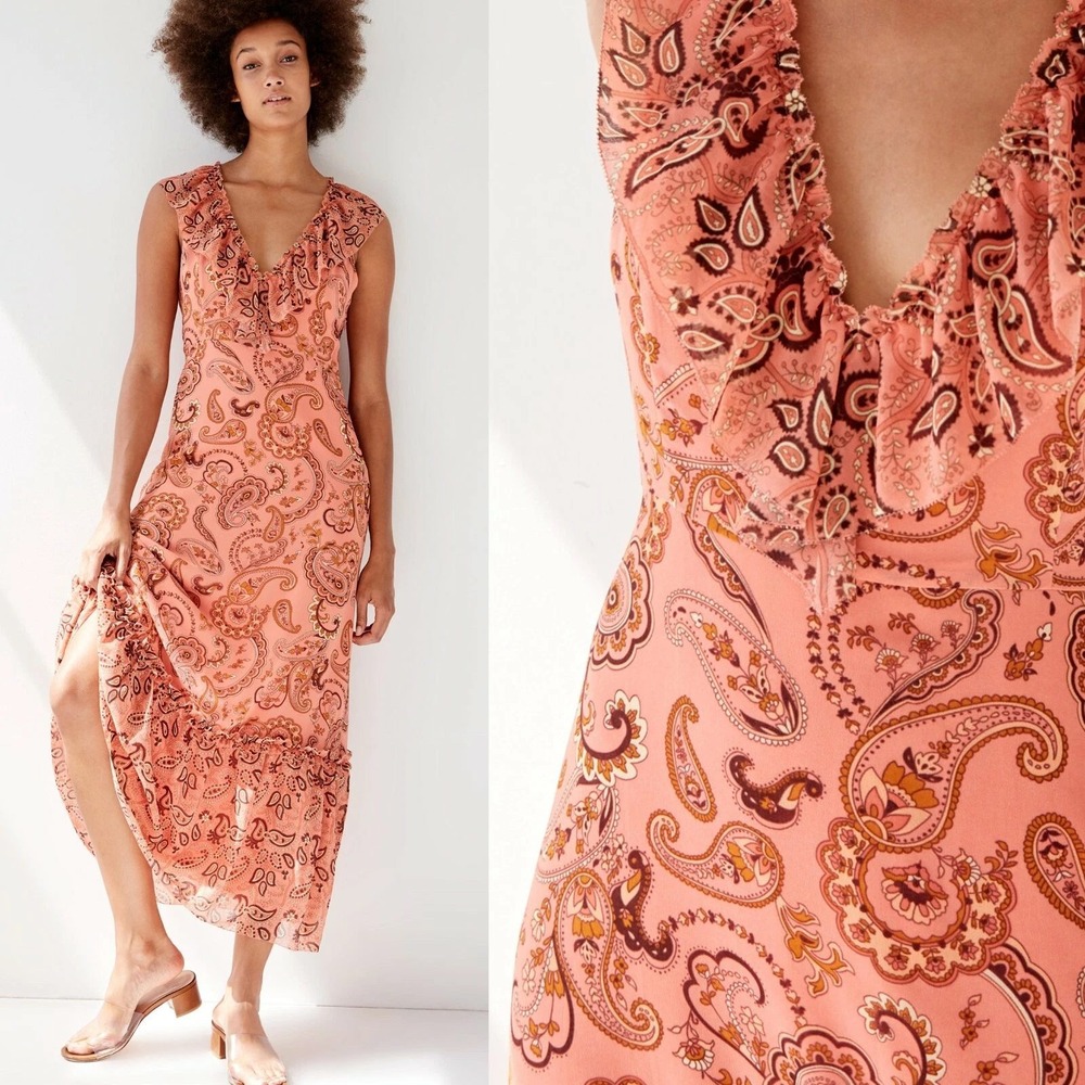 Wilfred Aritzia Naomi Orange Paisley Print Ruffle V-Neck Cap Sleeve Midi Dress 4